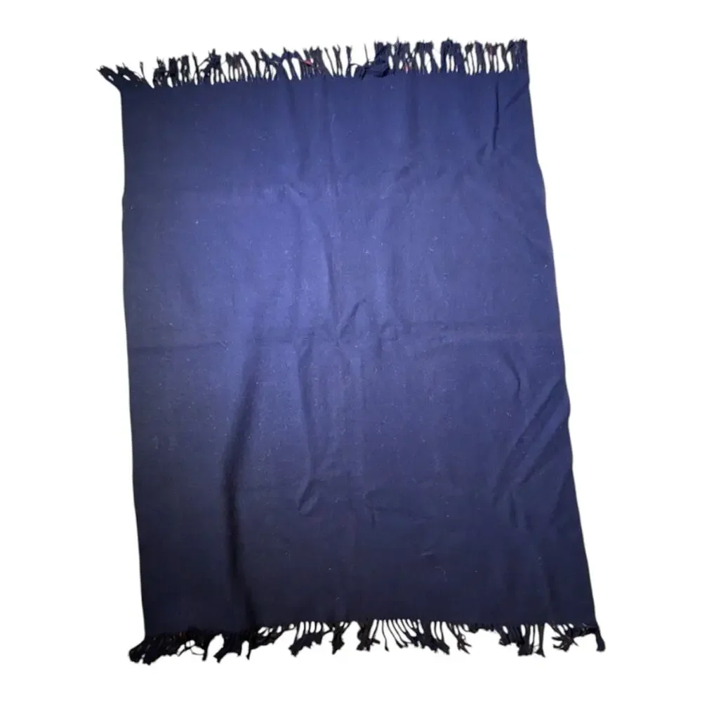 Vtg 1970s Blue Black Watch Tartan Plaid Wool Fringe Trim Throw Blanket 73 x 54